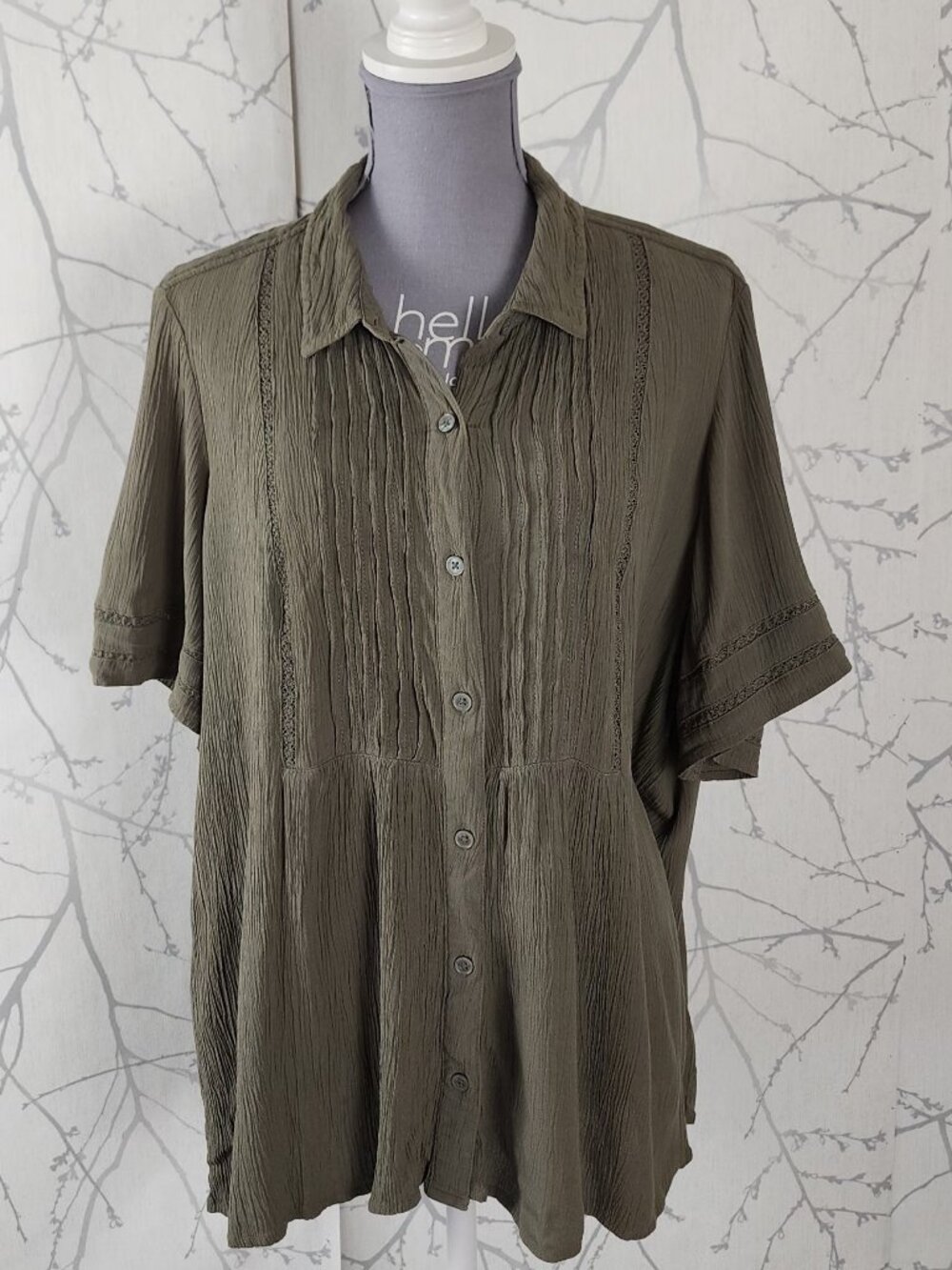 Style & Co Olive Green Crinkle Pintuck Button Front Shirt